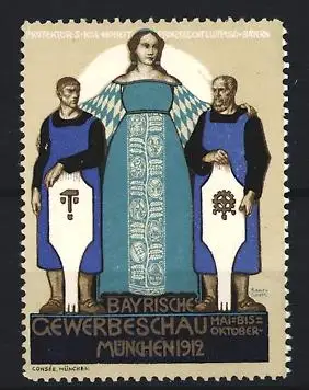 Künstler-Reklamemarke Rudolf Schiestl, München, Bayrische Gewerbeschau 1912, Frauenfigur und Wappenmuster
