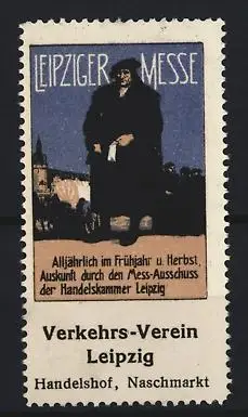 Reklamemarke Leipzig, Leipziger Messe, Händler mit Tasche