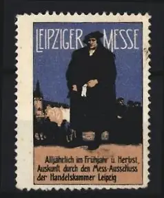 Reklamemarke Leipzig, Leipziger Messe, Mann in schwarzem Mantel