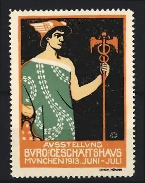 Reklamemarke München, Ausstellung Büro Geschäftshaus 1913, Hermes mit Caduceus, grün