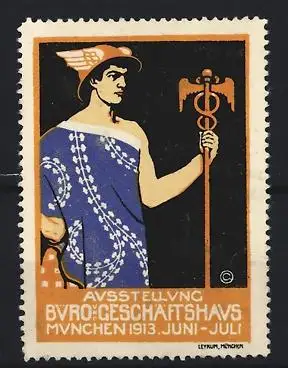 Reklamemarke München, Ausstellung Büro-Geschäftshaus 1913, Hermes mit Caduceus, blau