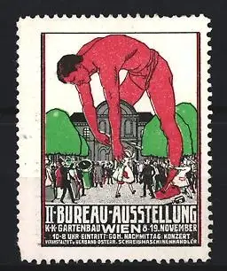 Reklamemarke Wien, II. Bureau-Ausstellung, Riese über Menschenmenge am Ausstellungsgelände
