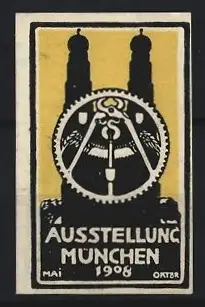 Reklamemarke München, Ausstellung 1908, Zahnradsymbol mit Türmen der Frauenkirche