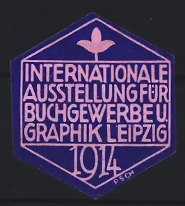Reklamemarke Leipzig, Internationale Ausstellung für Buchgewerbe u. Graphik 1914, Blume, rosa-blau