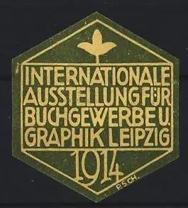 Reklamemarke Leipzig, Internationale Ausstellung für Buchgewerbe u. Graphik 1914, Pflanzensymbol, gelb-grün