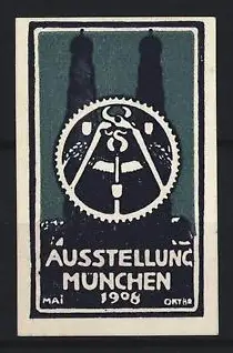 Reklamemarke München, Ausstellung 1908, Zahnradsymbol und Türme der Frauenkirche