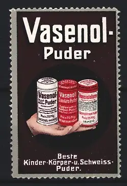 Reklamemarke Vasenol-Puder, Hand mit Puderdosen