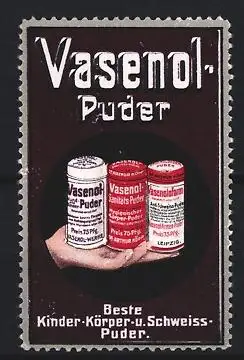 Reklamemarke Vasenol Puder, Hand mit Puderbehältern
