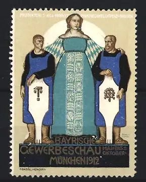 Künstler-Reklamemarke Rudolf Schiestl, München, Bayerische Gewerbeschau 1912, Bavaria mit zwei Handwerkern
