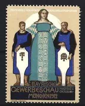 Künstler-Reklamemarke Rudolf Schiestl, München, Bayerische Gewerbeschau 1912, Schutzpatronin mit Handwerkern