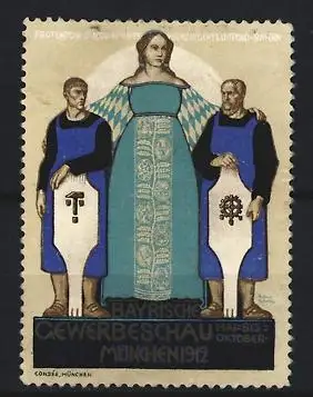 Künstler-Reklamemarke Rudolf Schiestl, München, Bayerische Gewerbeschau 1912, Bavaria mit Handwerkern