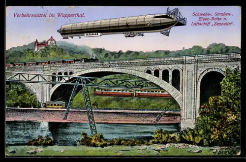 AK Wuppertal, Zeppelinfahrt über der Schwebebahn und Eisenbahnbrücke