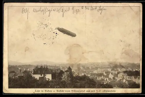 AK Lahr in Baden, Zeppelin Schwaben überfliegt das Villenviertel
