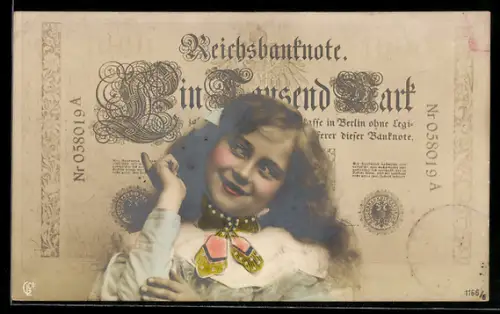 AK Lächelndes Mädchen vor einem 1000 Mark Schein