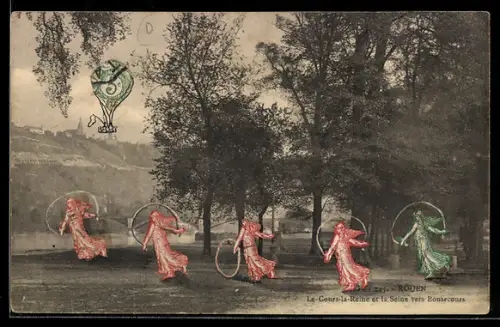 AK Rouen, Aus Briefmarken geschnittene Frauen beim Seilspringen und Heissluftballon, Briefmarkencollage