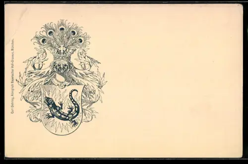 AK Studentenwappen mit Salamander und Pfauenfedern