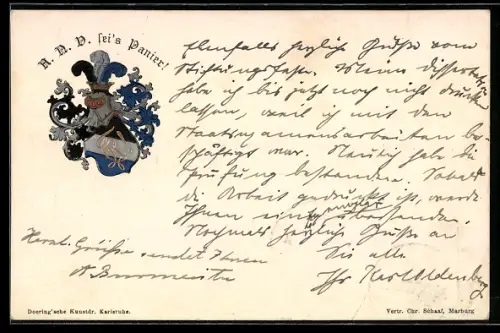AK Studentenwappen der Verbindung A.N.D. mit Zirkel, schwarz-weiss-blaue Farben