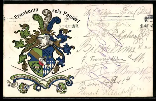 AK Studentenwappen der Verbindung Frankonia, Furchtlos und treu, Ein Mann ein Wort, Prunkschläger