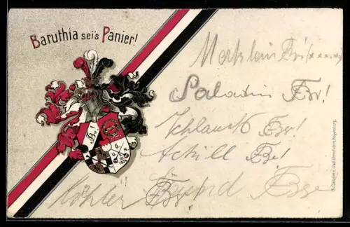 AK Studentenwappen der Verbindung Baruthia mit Zirkel, rot-weiss-schwarze Farben