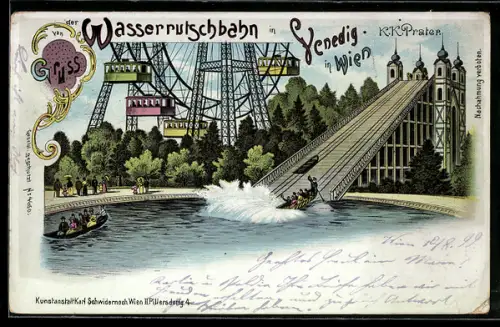 Lithographie Wiener Prater, Wasserrutschbahn in Venedig