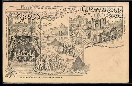 Lithographie Wien, Elektronische Grottenbahn im Wiener Prater, tanzende Zwerge