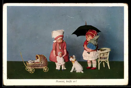 AK Käthe Kruse-Puppen, Mädchen mit Kleinkindern und einem Hund, Puppenwagen