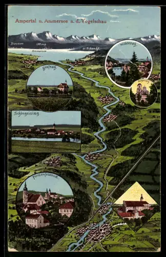 AK Schöngeising /Ampertal, Vogelschau mit Ammersee und Ortsansichten