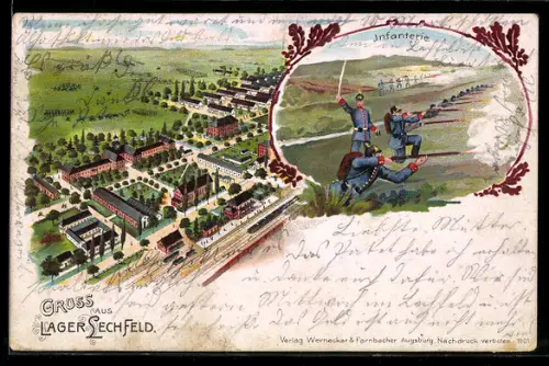 Lithographie Lager Lechfeld, Garnisonslager und Infanterie