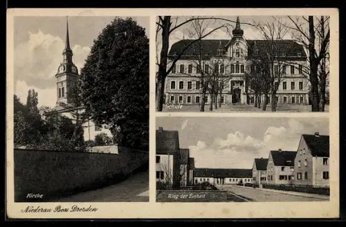 AK Niederau /Dresden, Kirche, Schule, Ring der Einheit