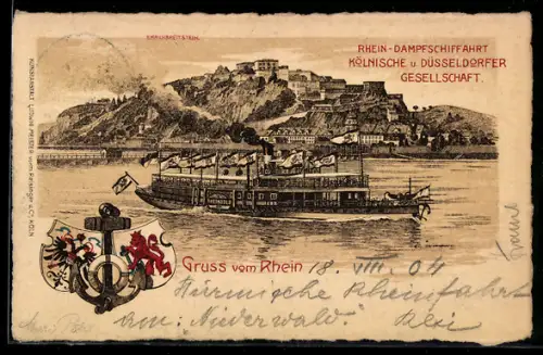 Lithographie Ehrenbreitstein /Rhein, Dampfschiff der Kölnischen u. Düsseldorfer Gesellschaft