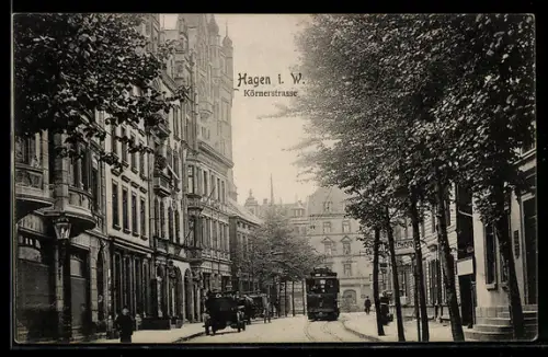 AK Hagen i. W., Körnerstrasse mit Strassenbahn