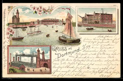 Lithographie Dortmund, Hafenansicht mit Segelschiffen, Schiffshebewerk Henrichenburg