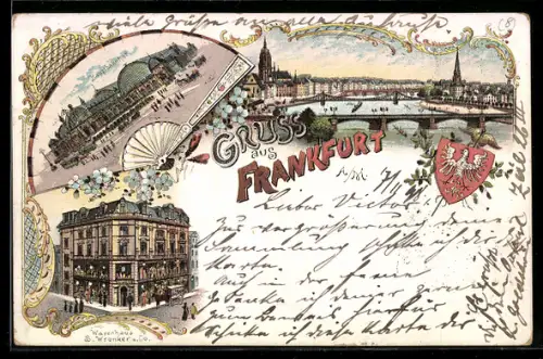 Lithographie Frankfurt a. M., Hauptbahnhof, Warenhaus S. Wronker & Co, Wappen