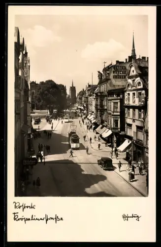 AK Rostock, Kröpelinerstrasse, Strassenbahn, Geschäftshäuser, Turm
