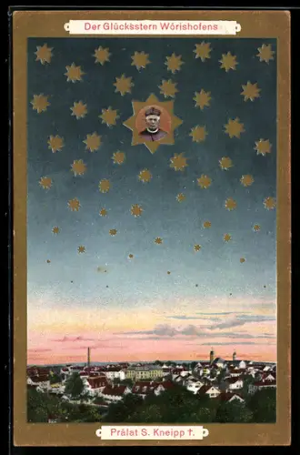 AK Bad Wörishofen, Glücksstern Wörishofens, Prälat S. Kneipp, Ortsansicht, Sterne, Portrait