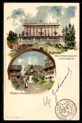Lithographie Assenhausen, Rottmannshöhe am Starnbergersee, Ortspartie