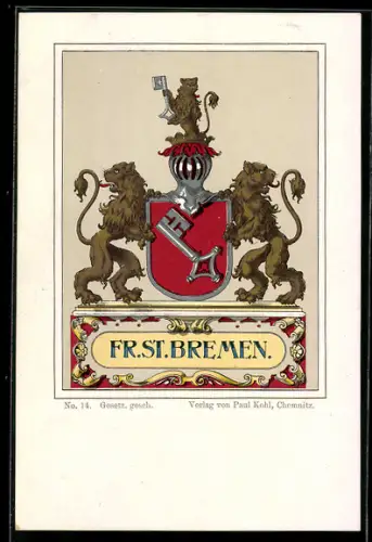 Lithographie Bremen, Wappen, Löwen, Schlüssel