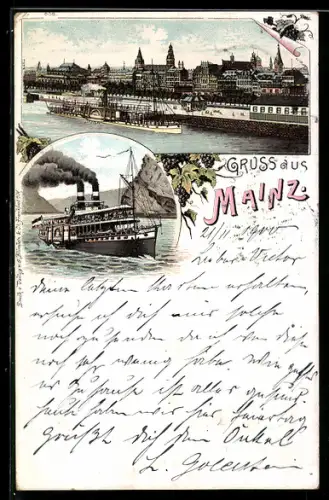 Lithographie Mainz, Rheinansicht mit Stadtpanorama, Dampfschiff
