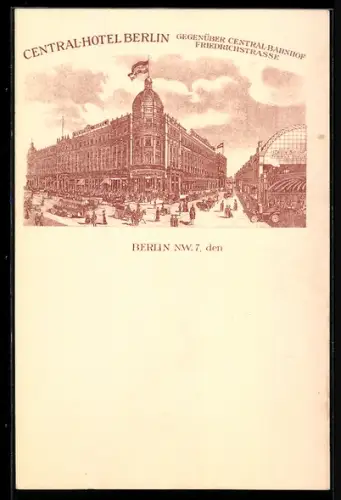 Lithographie Berlin, Central-Hotel mit Central-Bahnhof Friedrichstrasse