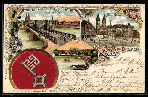 Lithographie Bremen, Weserbrücke, Rathaus, Dom u. Börse, Meierei im Bürgerwalde, Wappen