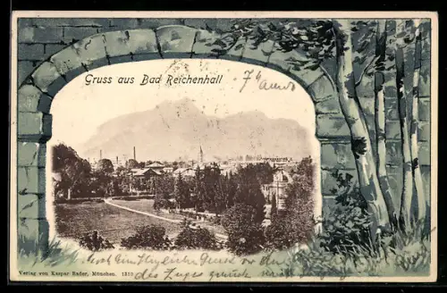 Lithographie Bad Reichenhall, Ortsansicht mit Park und Gebirgspanorama, im Burgthor-Rahmen
