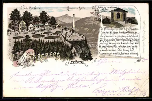 Vorläufer-Lithographie Bad Harzburg, 1895, Burgberg, Hotel Burgberg, Canossa-Säule, Kaiserhütte