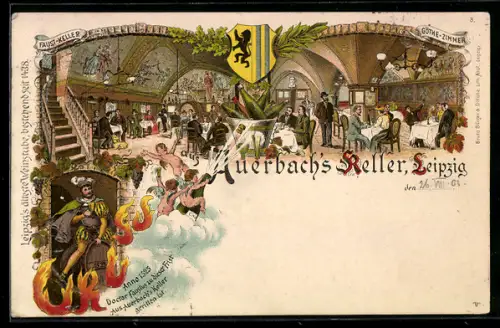 Lithographie Leipzig, Auerbachs Keller, Faust-Keller, Goethe-Zimmer, Ritt Fausts, Wappen