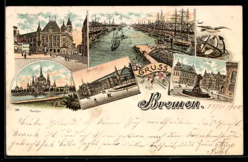 Lithographie Bremen, Parkhaus, Freihafen, Bahnhof