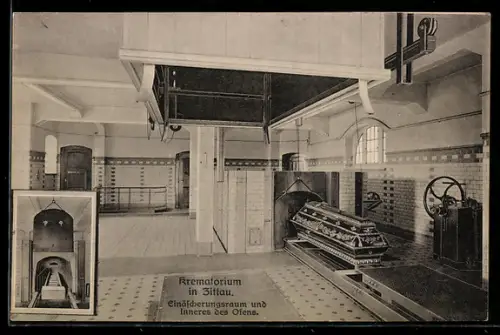 AK Zittau, Krematorium, Einäscherungsraum und Inneres des Ofens