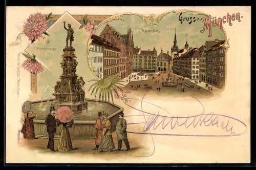 Lithographie München, Marienplatz, Fischbrunnen mit Besuchern, Blumen
