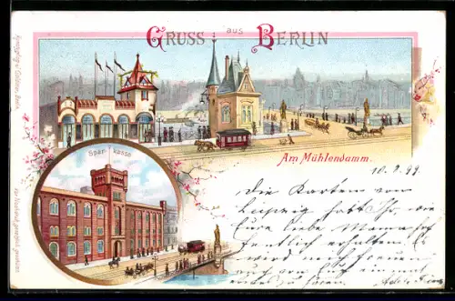 Lithographie Berlin, Am Mühlendamm, Panorama mit Turmgebäuden u. Pferdebahn, Sparkasse