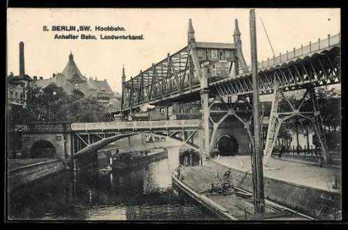 AK Berlin SW-Kreuzberg, Hochbahn, Anhalter Bahn, Landwehrkanal