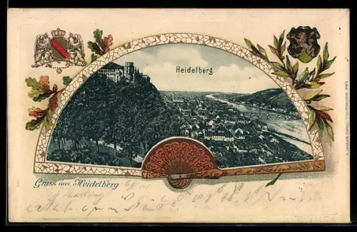 Passepartout-Lithographie Heidelberg, Schloss, Ortspanorama, Neckar, Wappen, Fächer