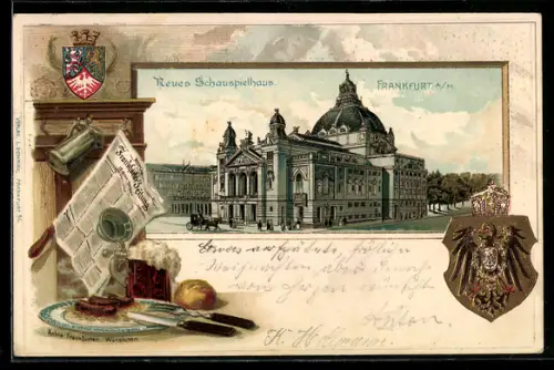 Passepartout-Lithographie Frankfurt a. M., Neues Schauspielhaus, Frankfurter Würstchen, Zeitung, Wappen